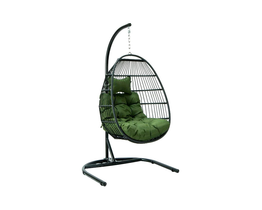 LeisureMod Wicker Folding Hanging Egg Swing Chair - Dark Green