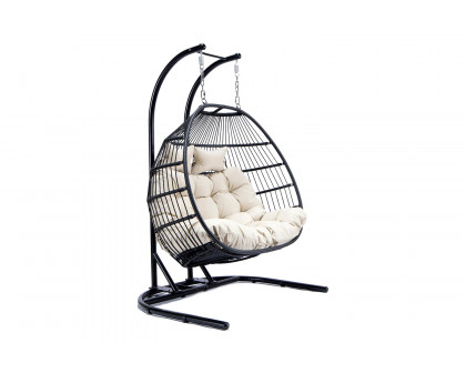 LeisureMod Wicker 2 Person Double Folding Hanging Egg Swing Chair - Beige