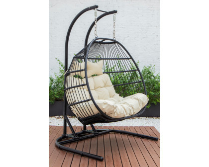 LeisureMod Wicker 2 Person Double Folding Hanging Egg Swing Chair - Beige