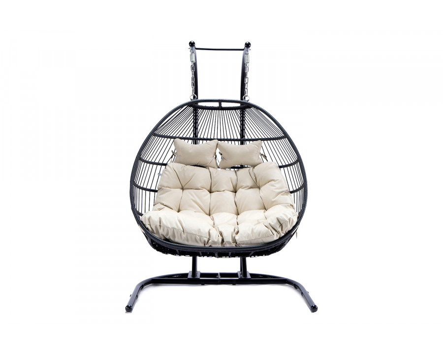 LeisureMod Wicker 2 Person Double Folding Hanging Egg Swing Chair - Beige