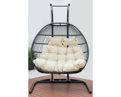 LeisureMod Wicker 2 Person Double Folding Hanging Egg Swing Chair - Beige