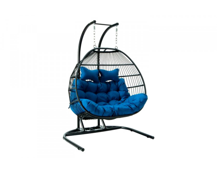 LeisureMod Wicker 2 Person Double Folding Hanging Egg Swing Chair - Blue