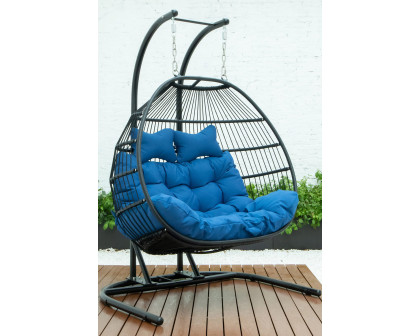 LeisureMod Wicker 2 Person Double Folding Hanging Egg Swing Chair - Blue