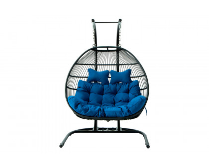 LeisureMod Wicker 2 Person Double Folding Hanging Egg Swing Chair - Blue