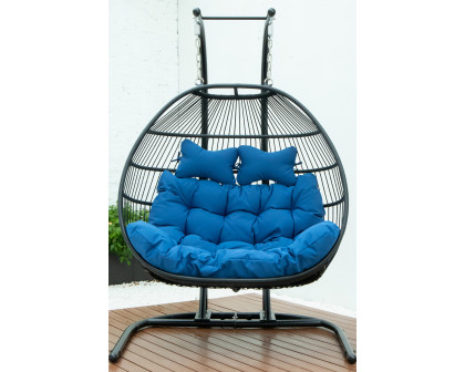 LeisureMod Wicker 2 Person Double Folding Hanging Egg Swing Chair - Blue