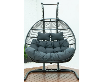 LeisureMod Wicker 2 Person Double Folding Hanging Egg Swing Chair - Charcoal