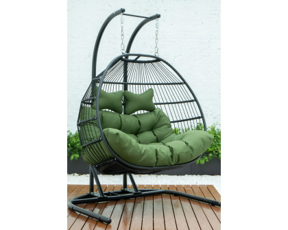 LeisureMod Wicker 2 Person Double Folding Hanging Egg Swing Chair - Dark Green