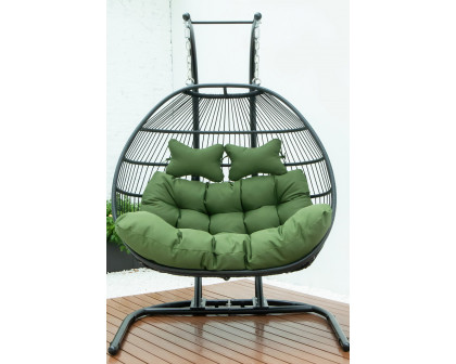 LeisureMod Wicker 2 Person Double Folding Hanging Egg Swing Chair - Dark Green