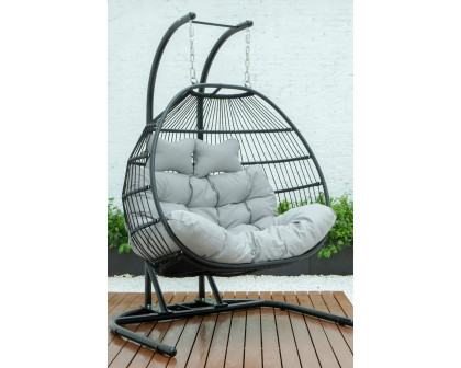 LeisureMod Wicker 2 Person Double Folding Hanging Egg Swing Chair - Light Gray