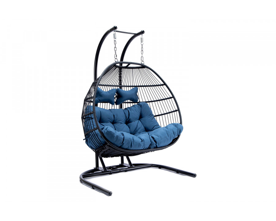 LeisureMod Wicker 2 Person Double Folding Hanging Egg Swing Chair - Navy Blue