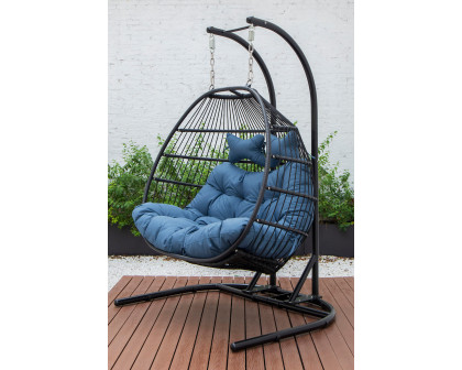 LeisureMod Wicker 2 Person Double Folding Hanging Egg Swing Chair - Navy Blue