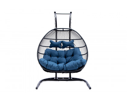 LeisureMod Wicker 2 Person Double Folding Hanging Egg Swing Chair - Navy Blue