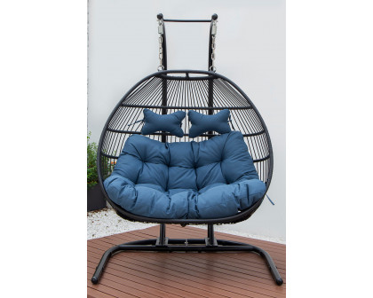 LeisureMod Wicker 2 Person Double Folding Hanging Egg Swing Chair - Navy Blue