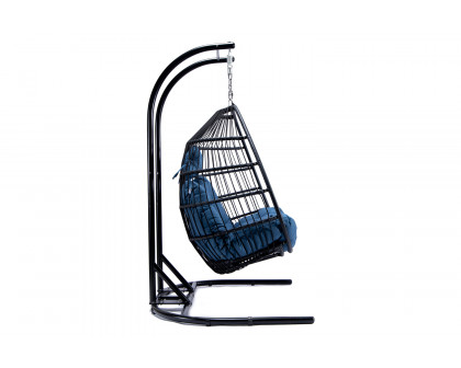 LeisureMod Wicker 2 Person Double Folding Hanging Egg Swing Chair - Navy Blue