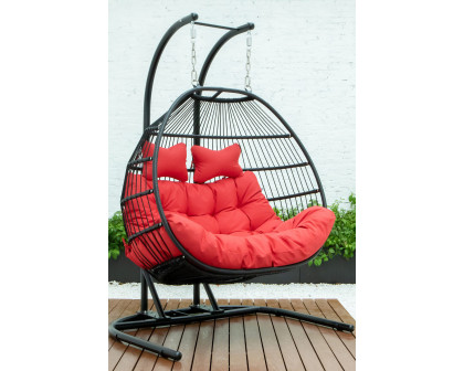 LeisureMod Wicker 2 Person Double Folding Hanging Egg Swing Chair - Red