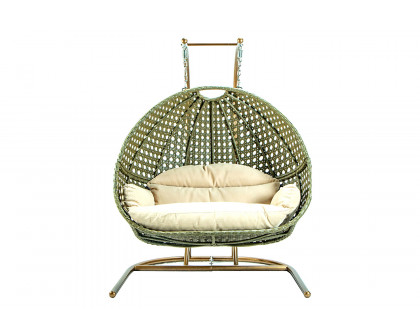 LeisureMod Wicker Hanging Double Egg Beige Swing Chair