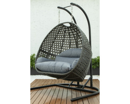 LeisureMod Wicker Hanging Double Egg Charcoal Swing Chair - Gray