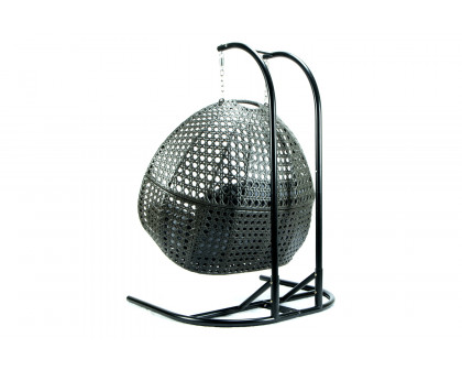 LeisureMod Wicker Hanging Double Egg Charcoal Swing Chair - Gray