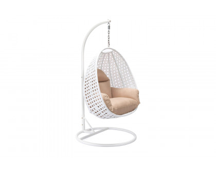 LeisureMod White Wicker Hanging Single Egg Swing Chair with Cushions - Beige