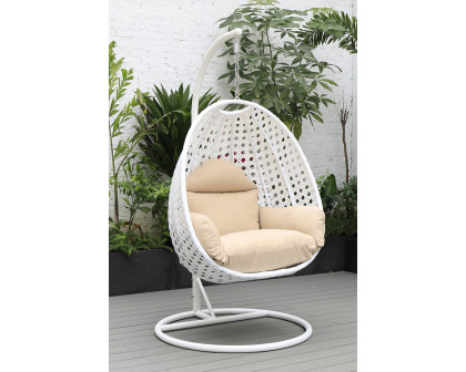 LeisureMod White Wicker Hanging Single Egg Swing Chair with Cushions - Beige