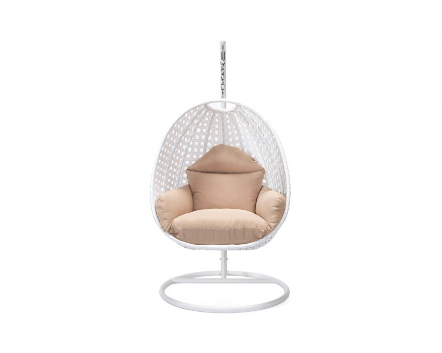 LeisureMod White Wicker Hanging Single Egg Swing Chair with Cushions - Beige