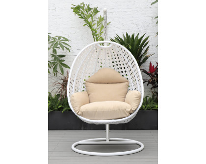 LeisureMod White Wicker Hanging Single Egg Swing Chair with Cushions - Beige