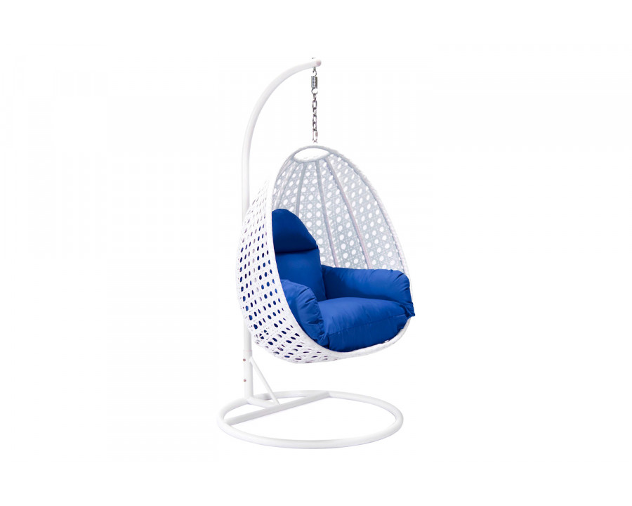 LeisureMod White Wicker Hanging Single Egg Swing Chair with Cushions - Blue