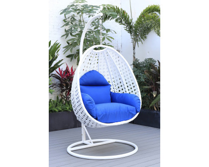 LeisureMod White Wicker Hanging Single Egg Swing Chair with Cushions - Blue