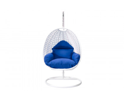 LeisureMod White Wicker Hanging Single Egg Swing Chair with Cushions - Blue