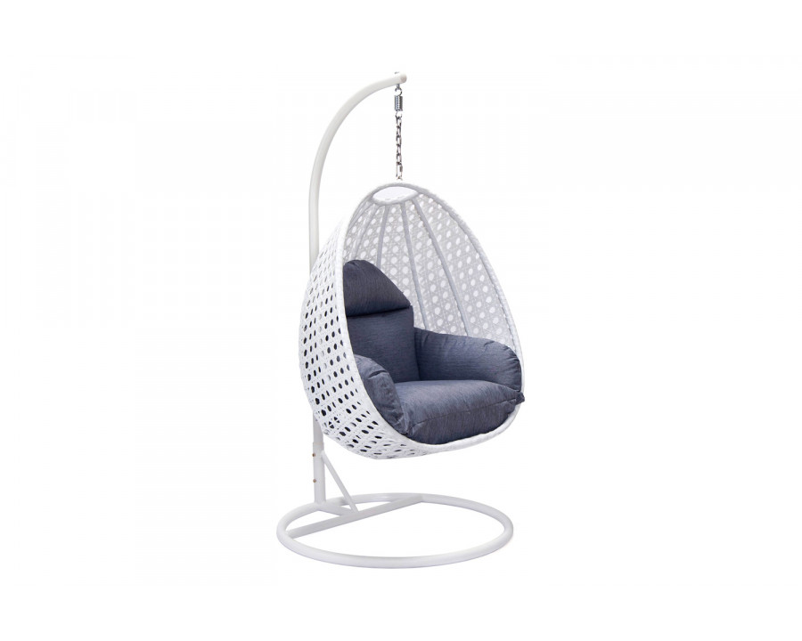 LeisureMod White Wicker Hanging Single Egg Swing Chair with Cushions - Charcoal/Blue