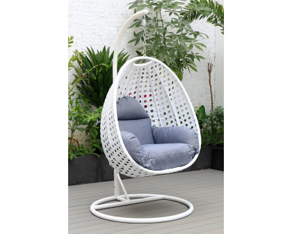 LeisureMod White Wicker Hanging Single Egg Swing Chair with Cushions - Charcoal/Blue