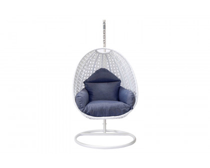 LeisureMod White Wicker Hanging Single Egg Swing Chair with Cushions - Charcoal/Blue