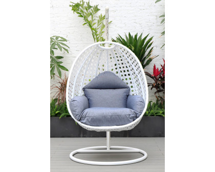 LeisureMod White Wicker Hanging Single Egg Swing Chair with Cushions - Charcoal/Blue