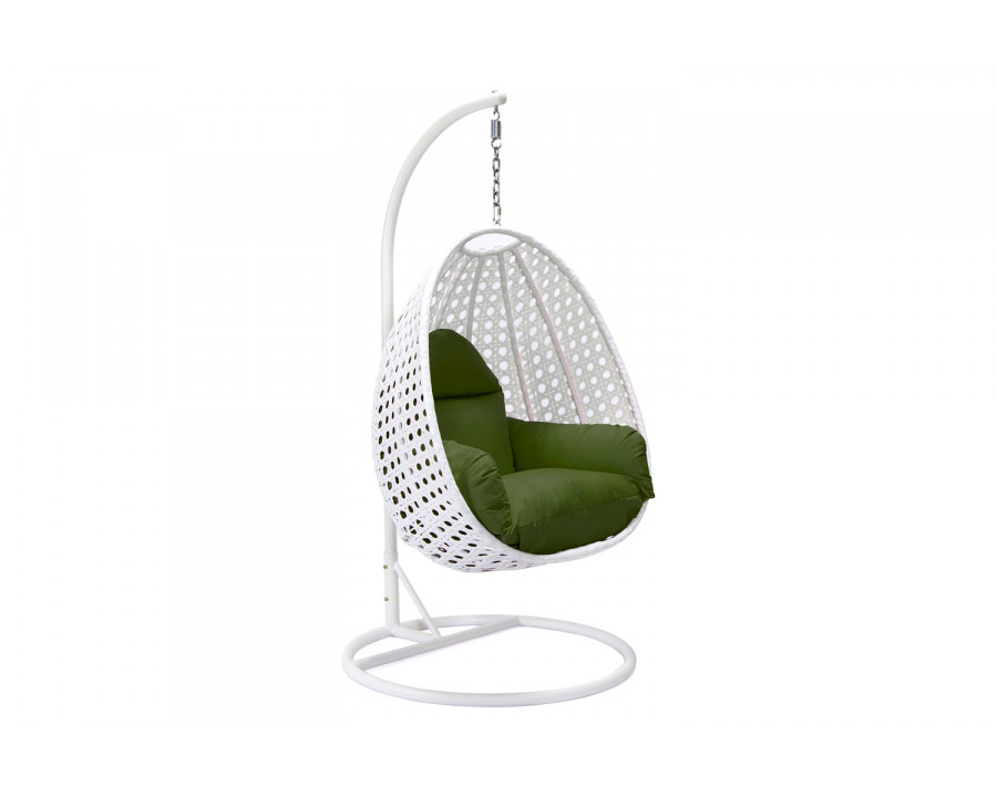 LeisureMod White Wicker Hanging Single Egg Swing Chair with Cushions - Dark Green