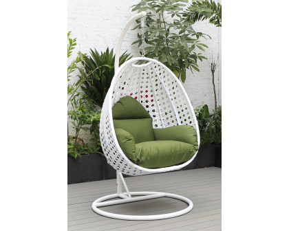 LeisureMod White Wicker Hanging Single Egg Swing Chair with Cushions - Dark Green