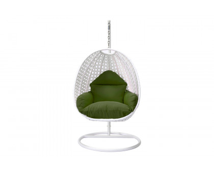 LeisureMod White Wicker Hanging Single Egg Swing Chair with Cushions - Dark Green