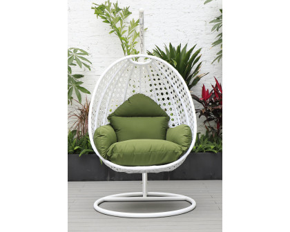 LeisureMod White Wicker Hanging Single Egg Swing Chair with Cushions - Dark Green