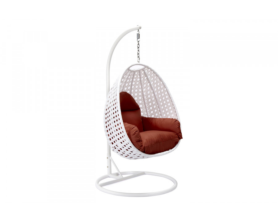 LeisureMod White Wicker Hanging Single Egg Swing Chair with Cushions - Cherry