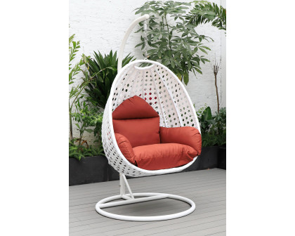 LeisureMod White Wicker Hanging Single Egg Swing Chair with Cushions - Cherry