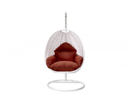 LeisureMod White Wicker Hanging Single Egg Swing Chair with Cushions - Cherry