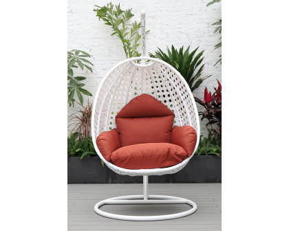 LeisureMod White Wicker Hanging Single Egg Swing Chair with Cushions - Cherry