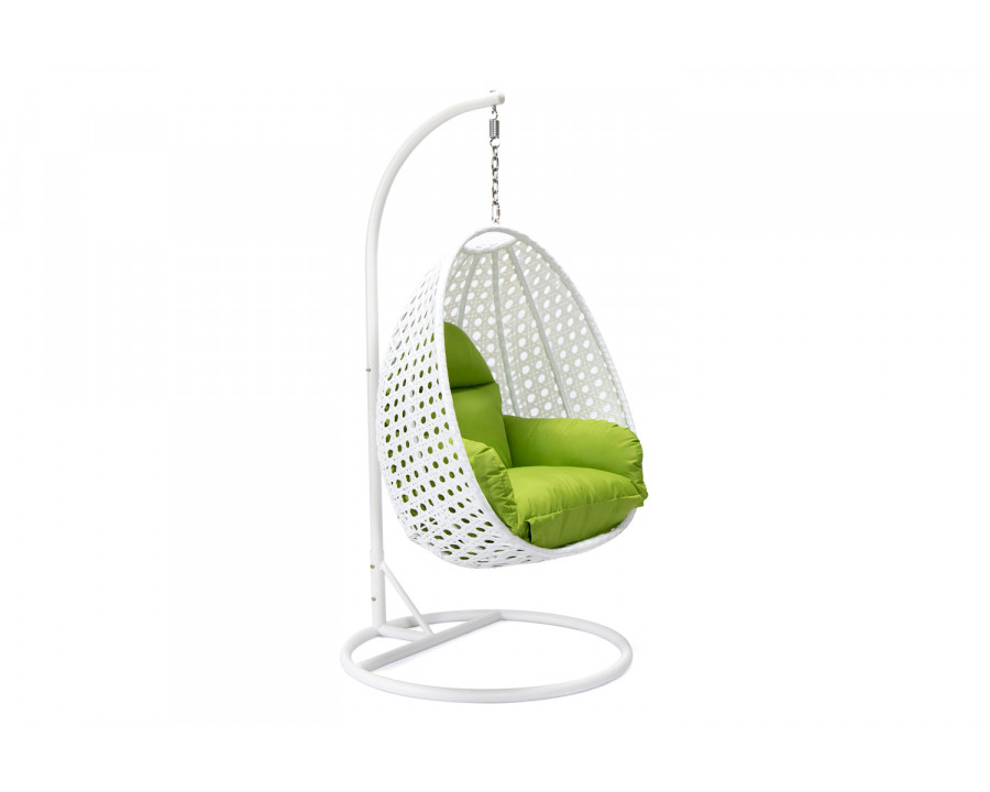 LeisureMod White Wicker Hanging Single Egg Swing Chair with Cushions - Light Green