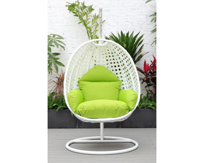 LeisureMod White Wicker Hanging Single Egg Swing Chair with Cushions - Light Green