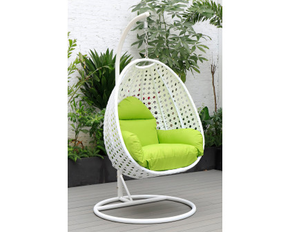 LeisureMod White Wicker Hanging Single Egg Swing Chair with Cushions - Light Green