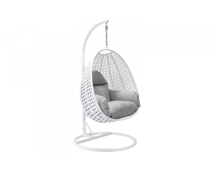 LeisureMod White Wicker Hanging Single Egg Swing Chair with Cushions - Light Gray