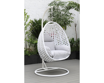 LeisureMod White Wicker Hanging Single Egg Swing Chair with Cushions - Light Gray