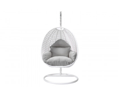 LeisureMod White Wicker Hanging Single Egg Swing Chair with Cushions - Light Gray