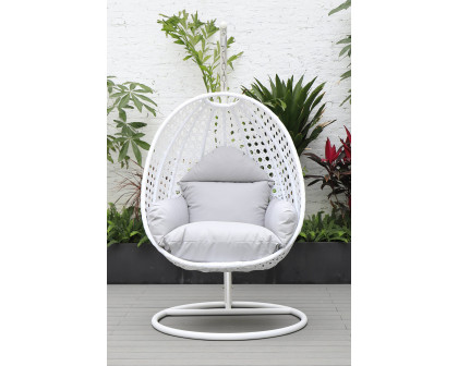 LeisureMod White Wicker Hanging Single Egg Swing Chair with Cushions - Light Gray