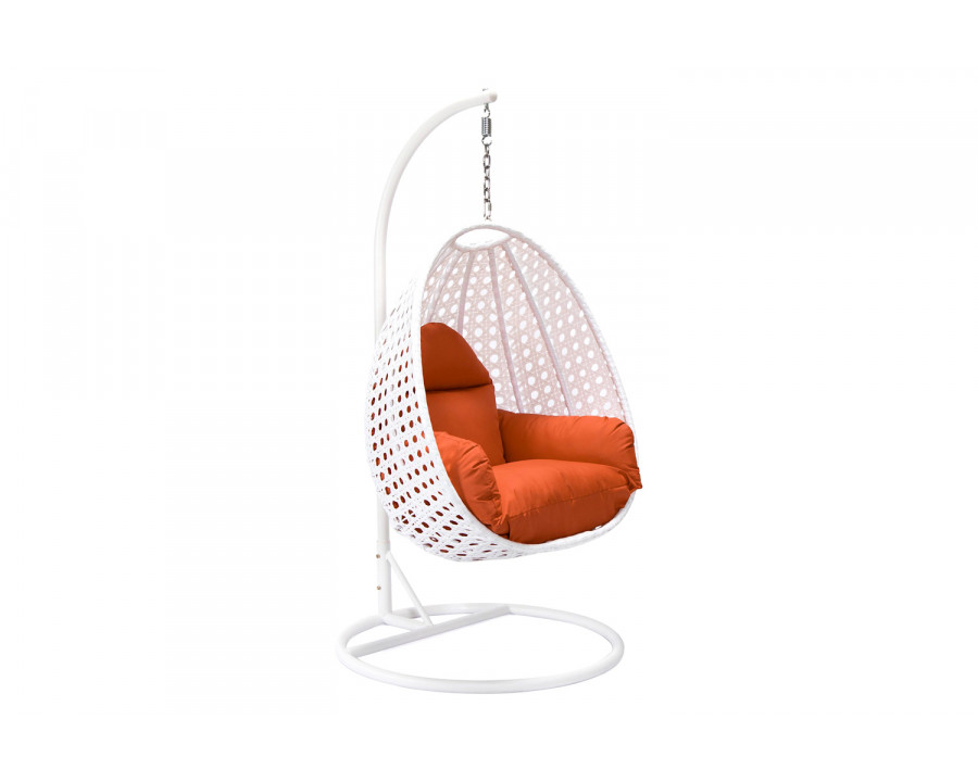 LeisureMod White Wicker Hanging Single Egg Swing Chair with Cushions - Orange