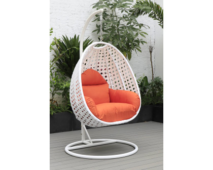 LeisureMod White Wicker Hanging Single Egg Swing Chair with Cushions - Orange